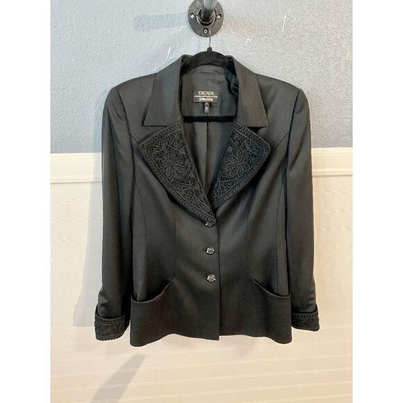 Escada Jackets & Blazers - Escada Women's Embroidered Collar Front Pocket Button Closure Blazer Black